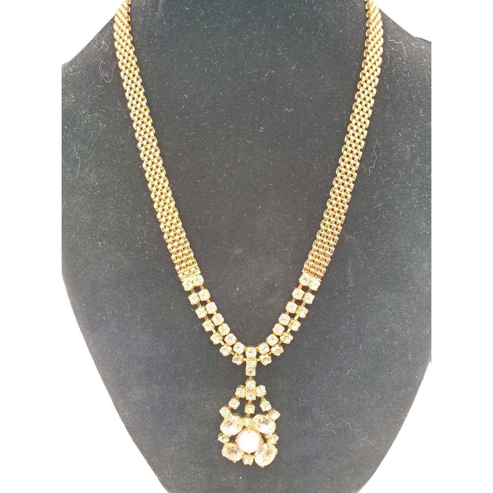 Vintage Rhinestone Pendant Necklace Pink Glass Cabochon Mesh Chain Gold Tone 16"